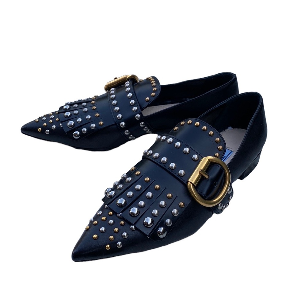 Prada Milano leather pointy toe studded fringe leather buckled flats black shoes